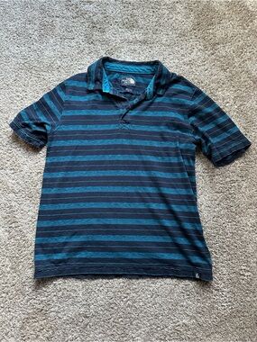 Vintage The North Face Striped Navy and Teal Polo